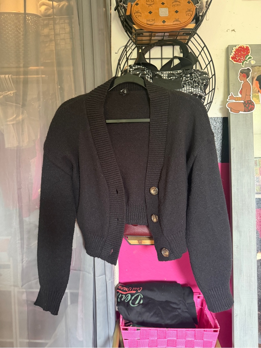 Black Cropped Button-Front Knit Cardigan